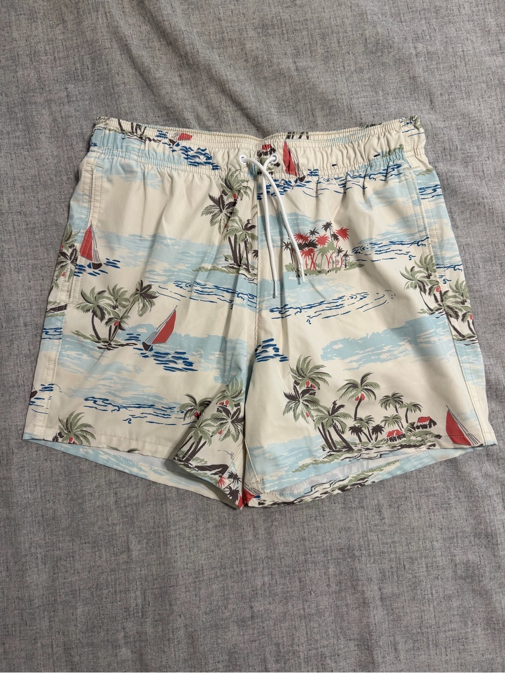 Hollister Cream Tropical Print Swim Trunks with Blue and Red Accents